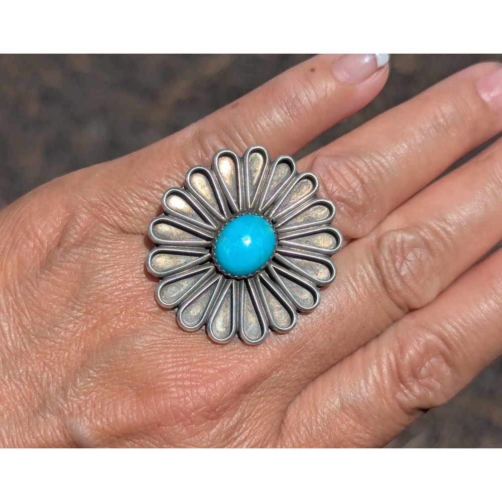 Genuine Navajo Handmade‎ Women's Ring Turquoise & Silver Flower Design Adj ***